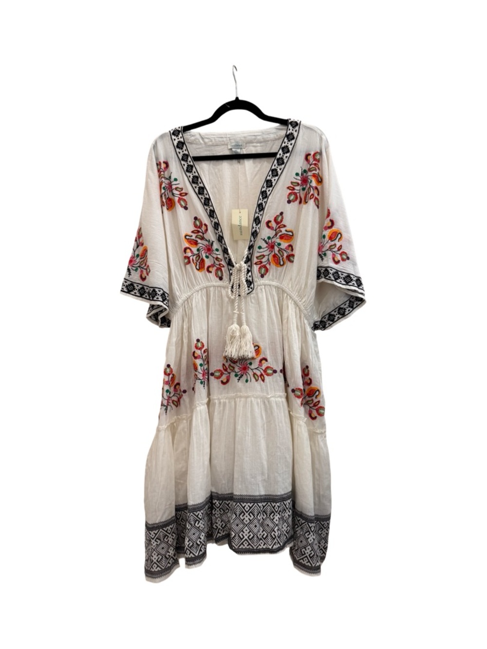 Sundance Cream Embroidered V-Neck Tassel Beach Dress Coverup - Picture 2 of 14